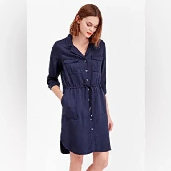 NEW French Connection Navy Blue Kruger Tencel Tie Waist Button Front Dress Sz 4 - Picture 4 of 11